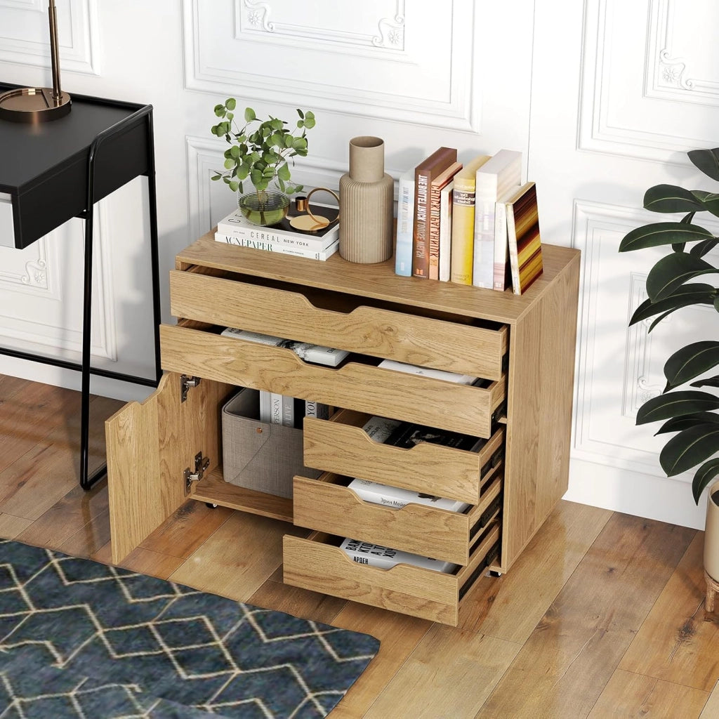 Cassettiera con 5 cassetti e 1 armadietto, armadietto mobile a 5 ruote, cassettiera sotto scrivania, 77,5 x 40 x 64 cm (naturale)