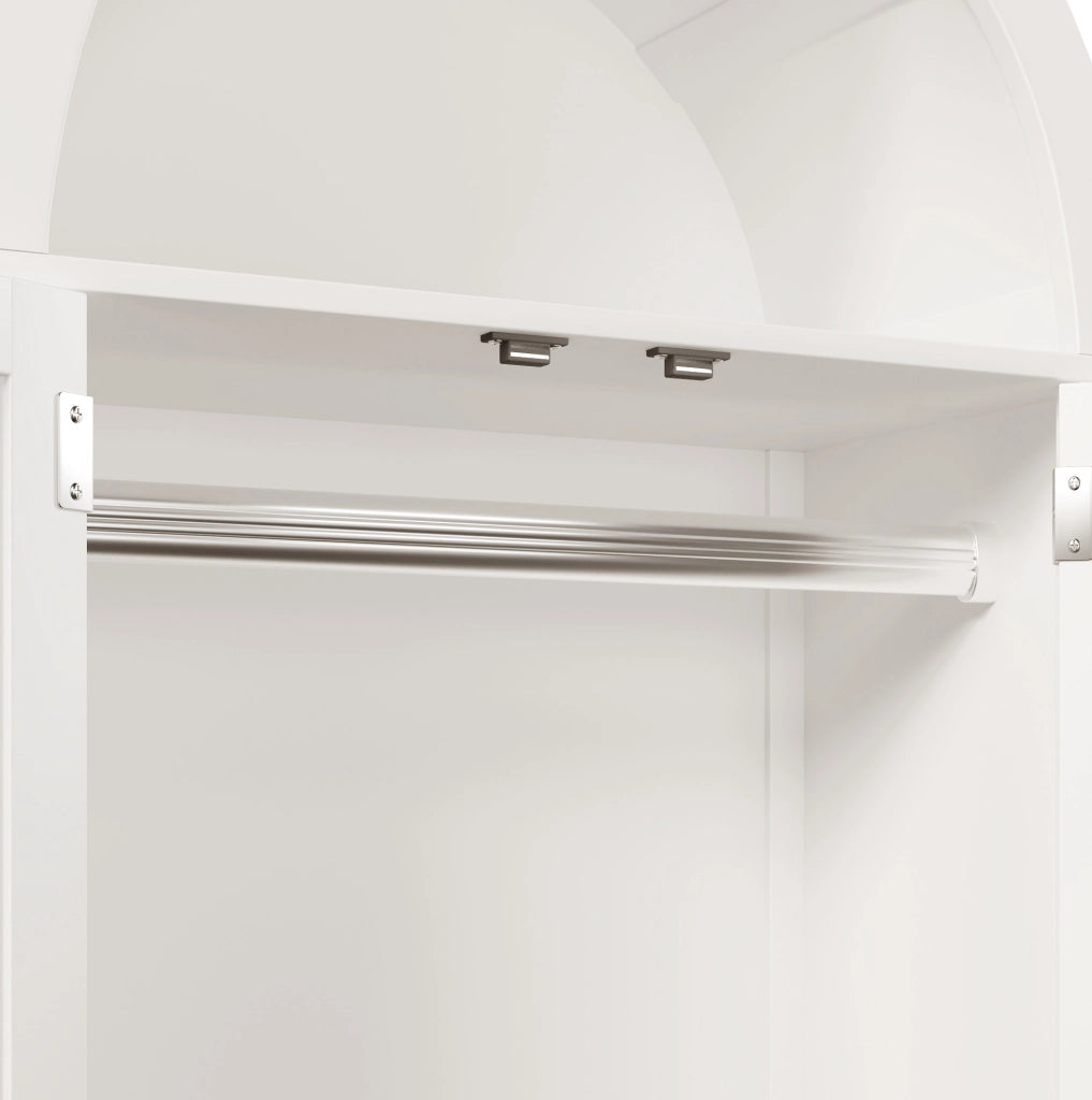 Armadio ad arco con intreccio in rattan, bianco, con 2 cassetti e asta appendiabiti
