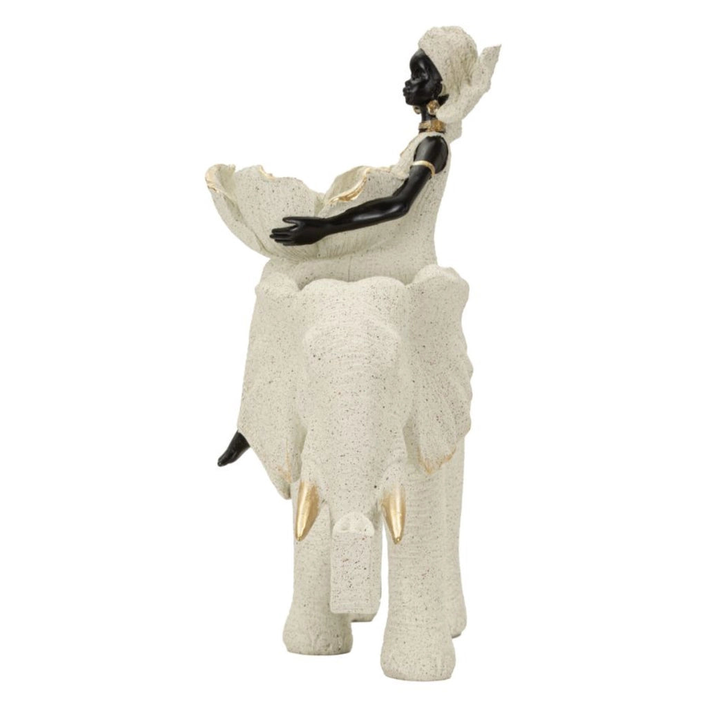 Scultura decorativa Donna su Elefante in poliresina sabbia e oro