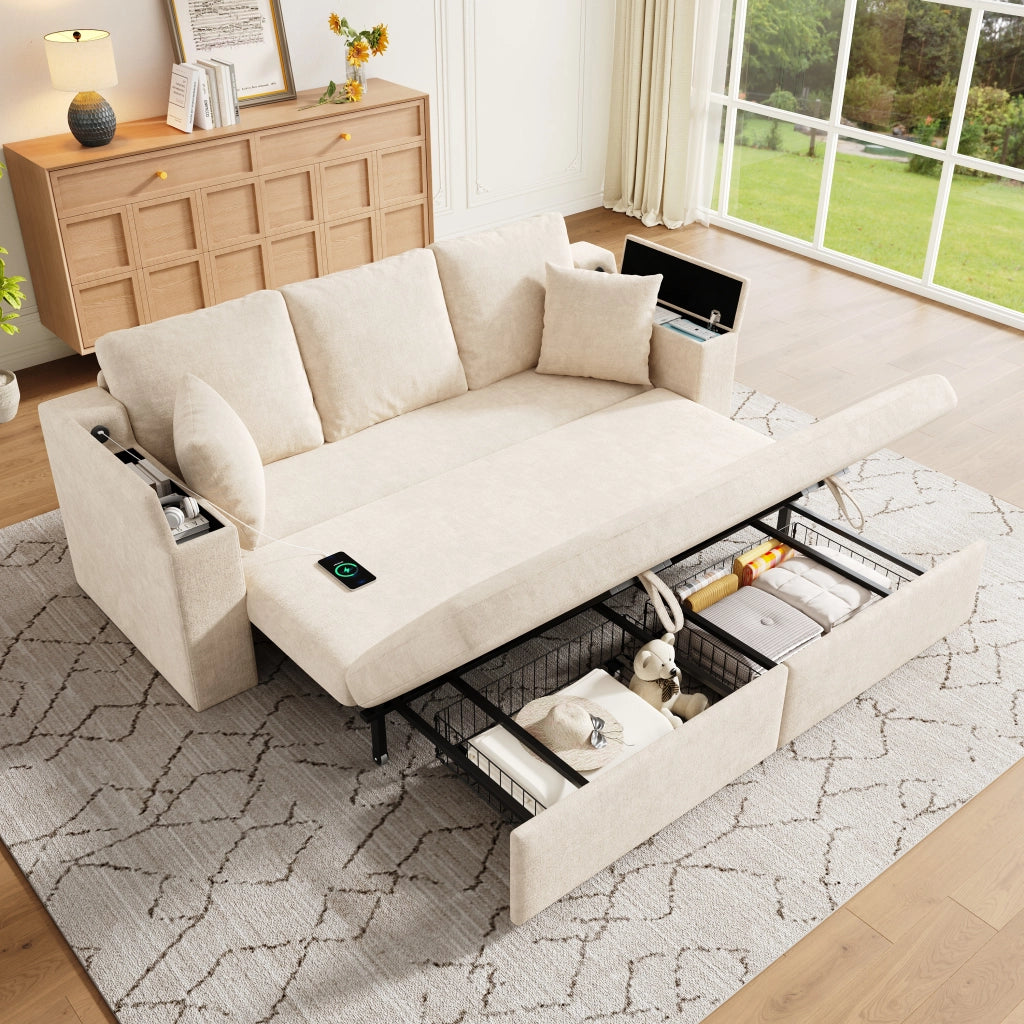 Divano letto 3 posti - con funzione letto; contenitore e porte USB e Type-C - in ciniglia beige