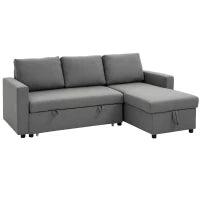 Divano Letto 3 Posti e Penisola con Contenitore, Rivestimento Tessuto Effetto Lino, 211.5x146x85cm
