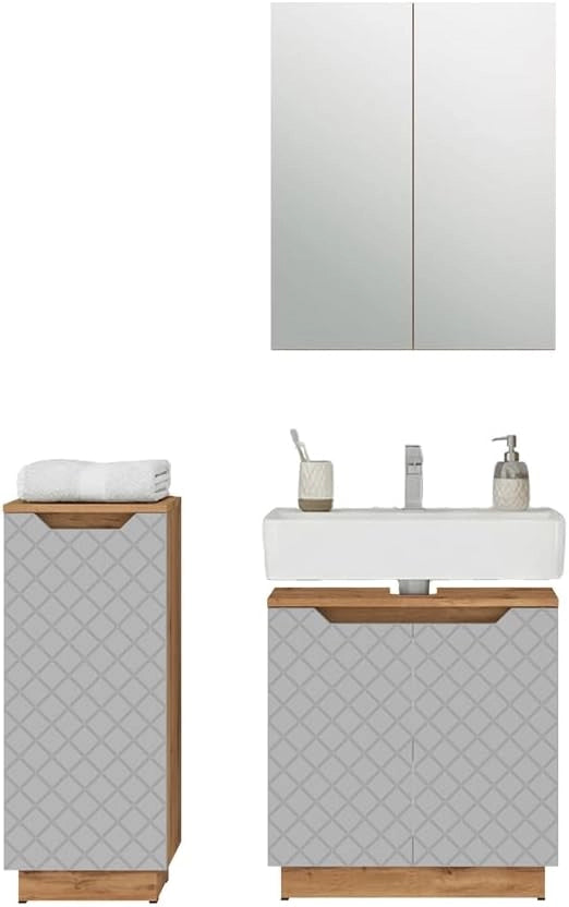 Set di mobili da bagno Lotta, Rovere/grigio con struttura in piastrelle, 3 parti