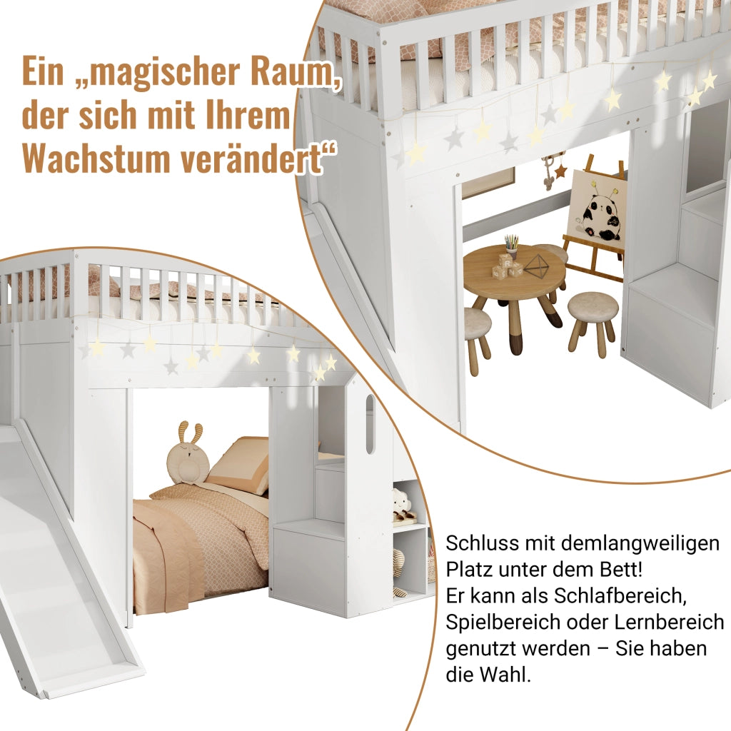 Letto a soppalco per bambini singolo 90 × 200 cm con scivolo, scala contenitore e luce led, senza materasso, bianco