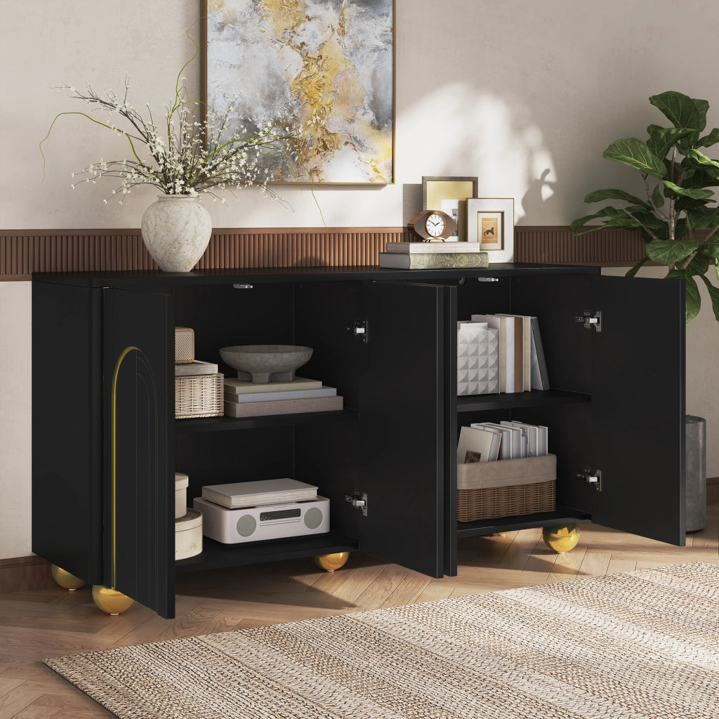 Credenza a 4 ante con incisione a arco dorata e piedi metallici sferici per ingresso e soggiorno 140 × 40 × 74 cm