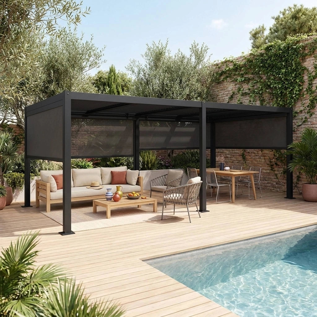 Pergola bioclimatica 3x6m in alluminio e acciaio + 4 tende 3m, nero