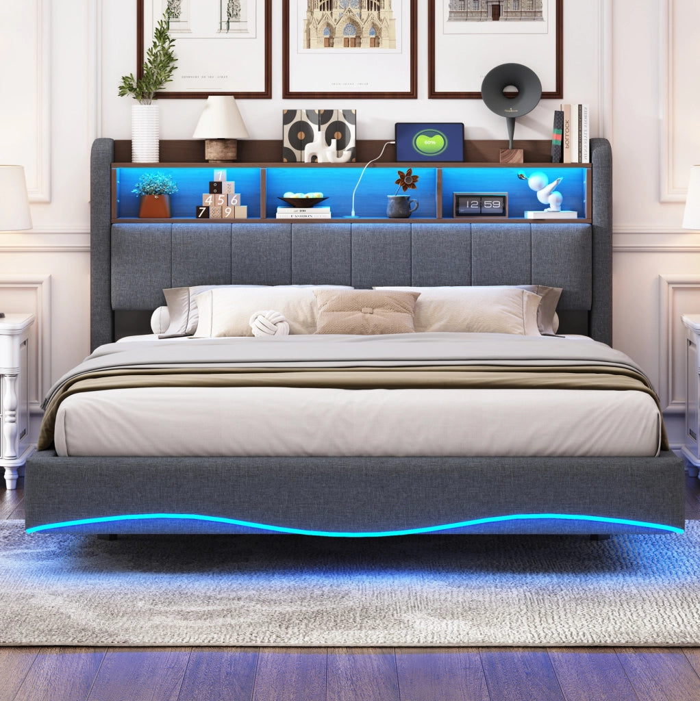 Letto imbottito sospeso con LED; USB e Type-C; 160 x 200 cm; grigio