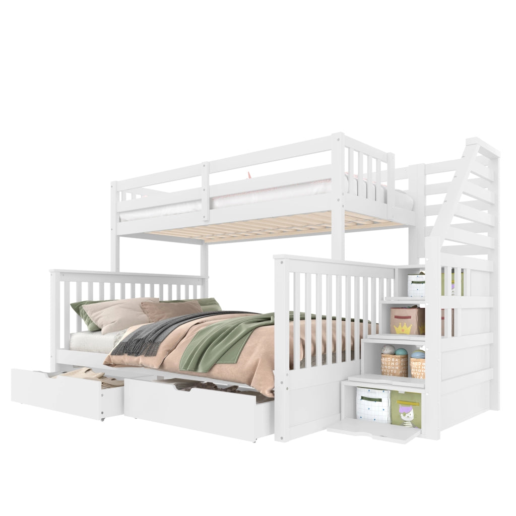 Letto a castello 90x200 e 140x200 cm con cassetti e contenitori; legno massello; bianco; senza materasso