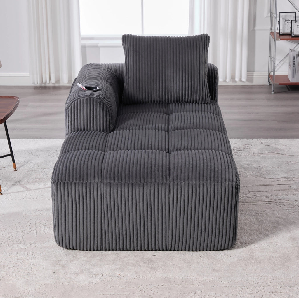 Divano compatto in corduroy grigio scuro con tasche laterali; portabicchieri; 158x93x61 cm
