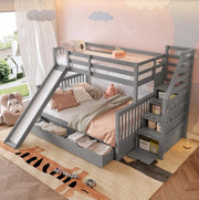Letto a castello 90x200/140x200 con scivolo e cassetti grigio