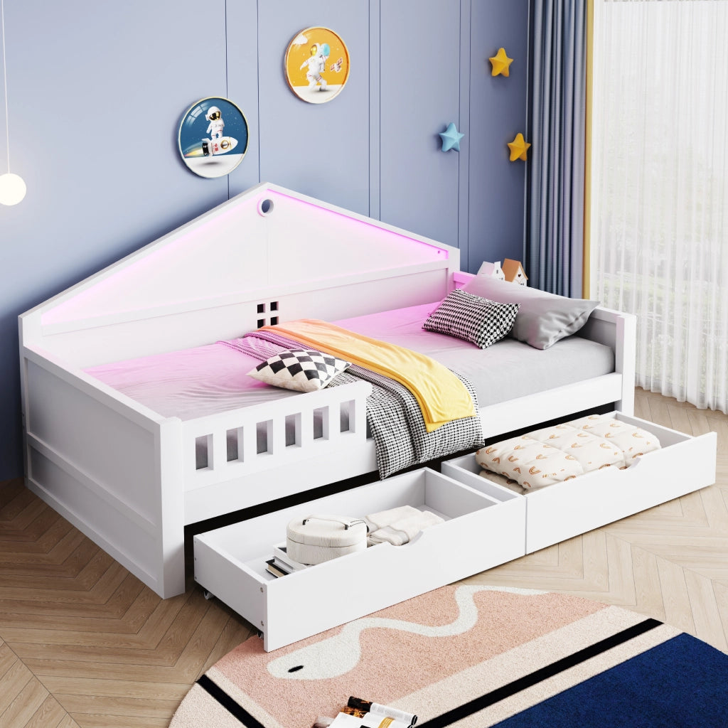 LETTO 90x200 cm con LED e 2 cassetti Bianco, Legno massello e MDF