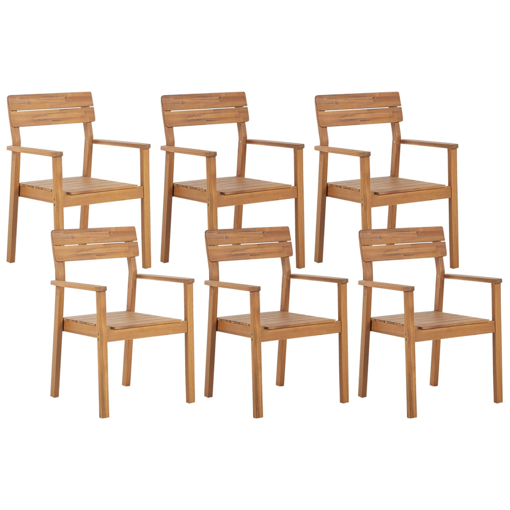 Set di 6 sedie da giardino in legno di acacia chiaro da esterno con braccioli in stile rustico