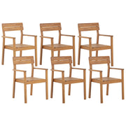 Set di 6 sedie da giardino in legno di acacia chiaro da esterno con braccioli in stile rustico