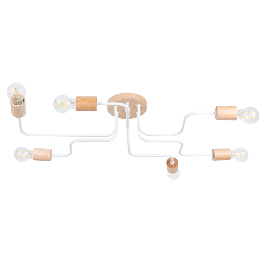Lampada da parete TIMBO Peach Puff a 6 luci, design scandinavo, in legno bianco e acciaio