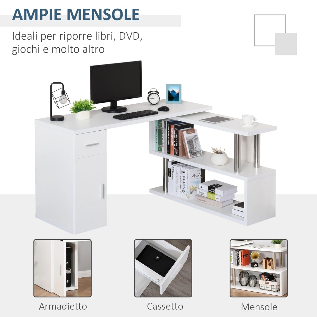 Scrivania Angolare Moderna in Legno con Cassetto, Armadietto e Mensole, Arredamento per Ufficio e Casa, Bianco