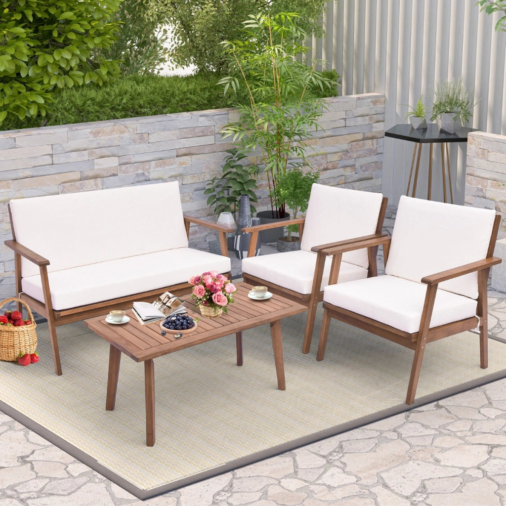 Set da divano in legno di acacia con cuscini morbidi per sedile e schienale, Set di conversazione da esterno in 4 pezzi Bianco-Set mobili da esterno