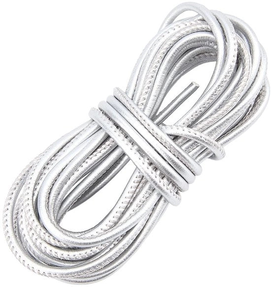 Cordone in PU pelle rotondo argento, 4,6 m x 3 mm corda in pelle con cordoncino per decorare collane, bracciali e accessori artigianali, inclusi sacchetti di organza e cavi in PP.