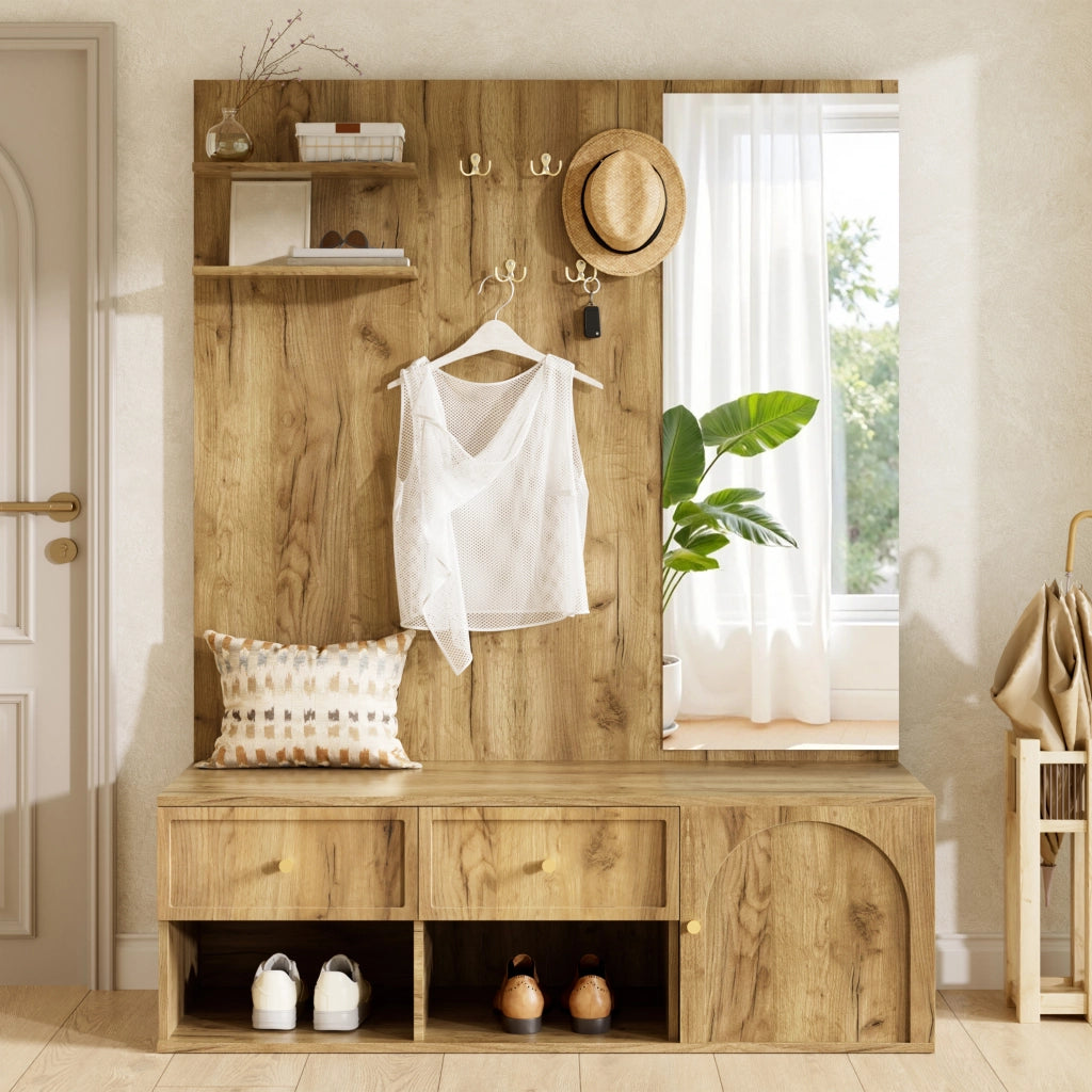 Garderobiera da ingresso multifunzione 6 in 1 con specchio, 5 ganci, 2 cassetti e vano chiuso, effetto legno, 120 x 35 x 159 cm
