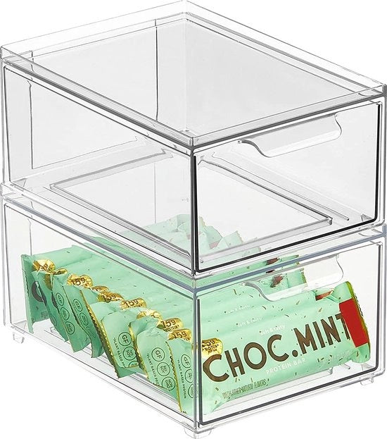 Contenitore di stoccaggio in plastica per cucina e frigorifero, organizzatore di cucina per snack, pasta, ecc. verdure, set da 2, trasparente