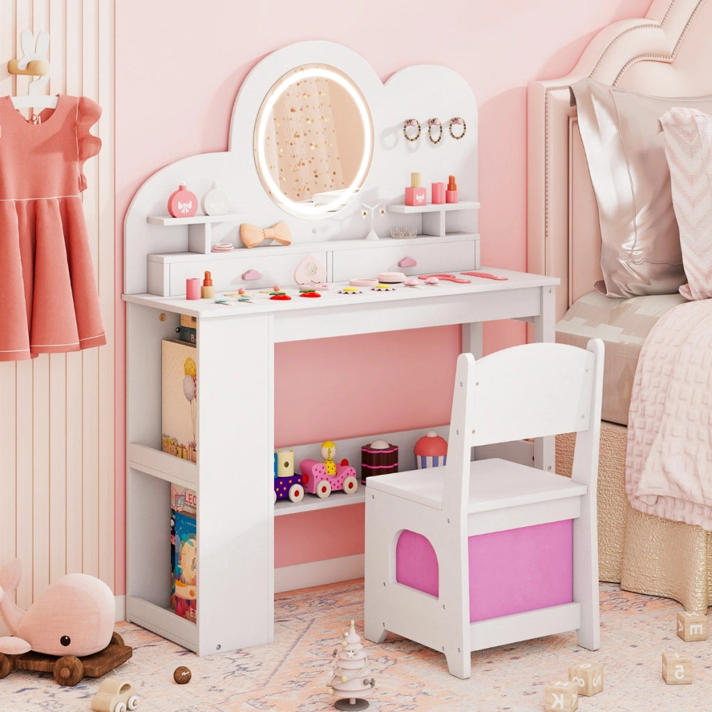 Set tavolo da trucco principessa e sedia con 2 cassetti e libreria a 2 ripiani, Toeletta per bambini con luci Bianco