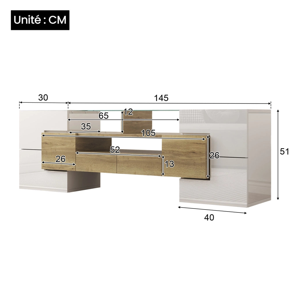 Mobile TV con 6 Ante; 2 Cassetti e LED Multicolore; Bianco Lucido e Oro; 145??30??51 cm; in Pannello Truciolare