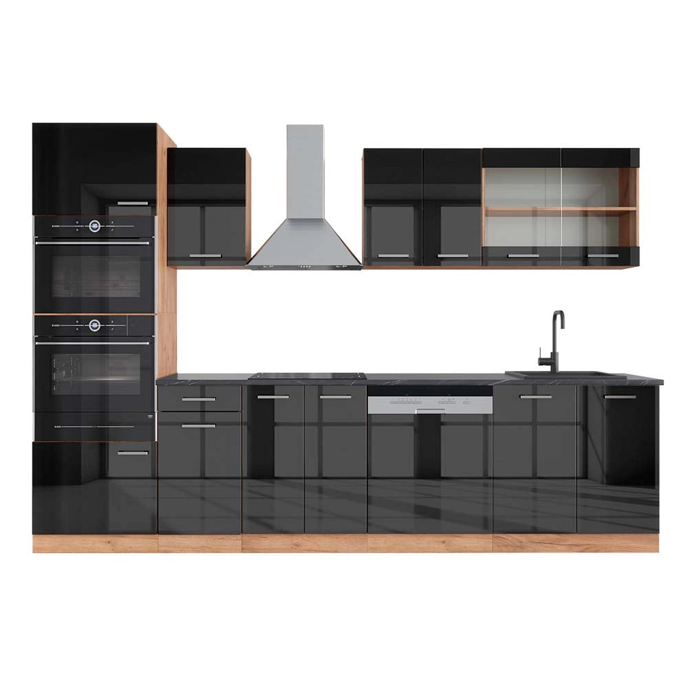 Cucina componibile R-Line Antracite lucido/Rovere dorato 300 cm con armadio alto, PL Antracite Vicco