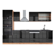 Cucina componibile R-Line Antracite lucido/Rovere dorato 300 cm con armadio alto, PL Antracite Vicco