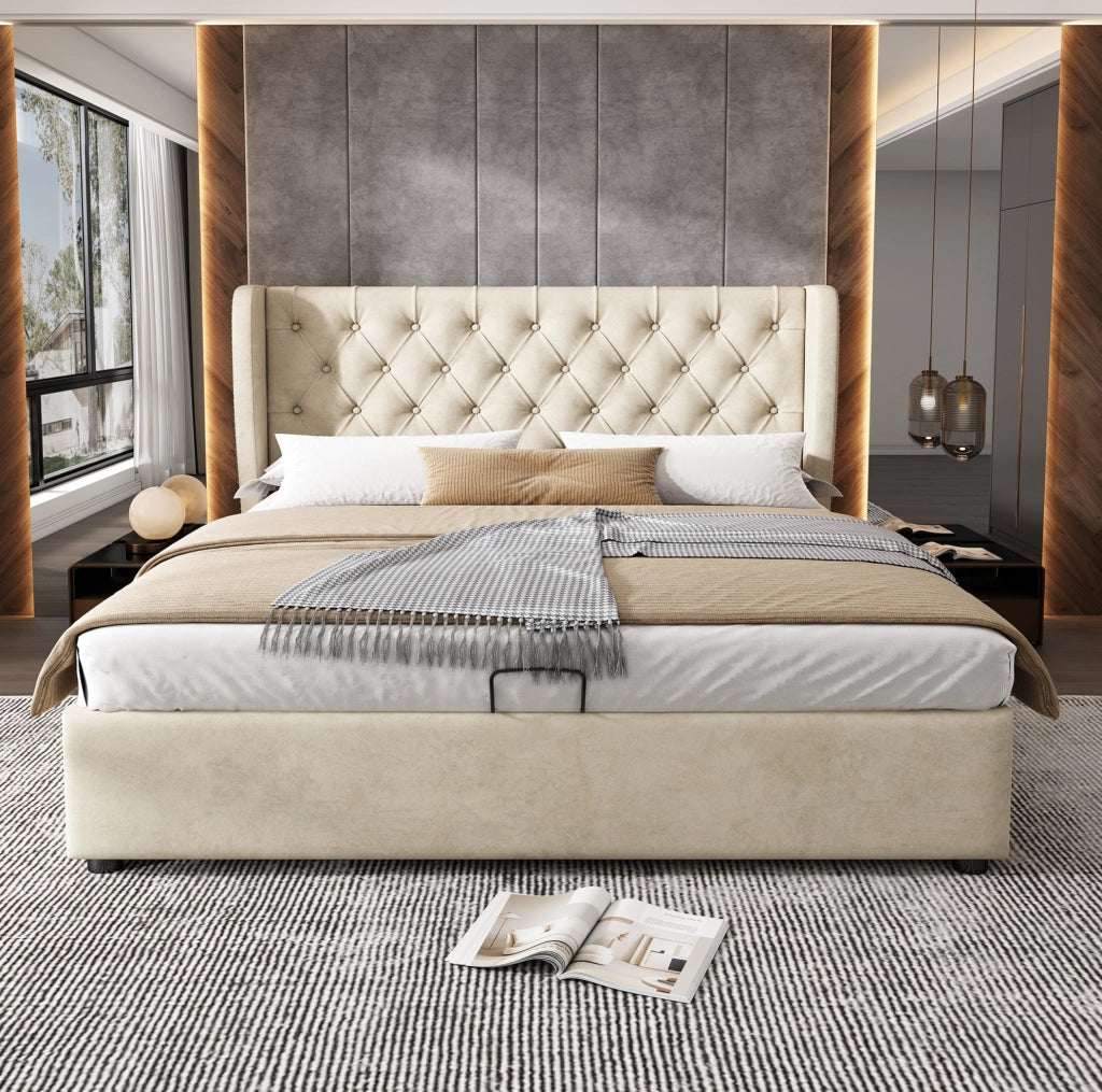 Letto matrimoniale 160x200 cm in velluto beige stile Chesterfield con contenitore