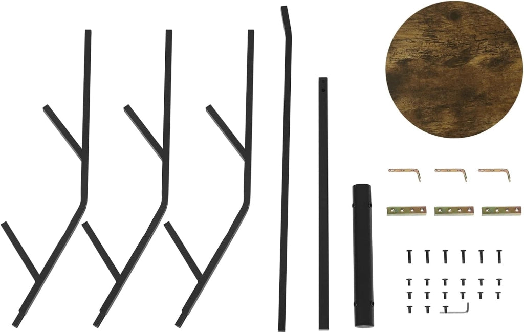 Attaccapanni, Appendiabiti ad Albero in Metallo e MDF, Portabiti da Ingresso con 9 Ganci e 1 Ripiano per Vestiti, Cappelli, Borse, Nero + Legno Vintage