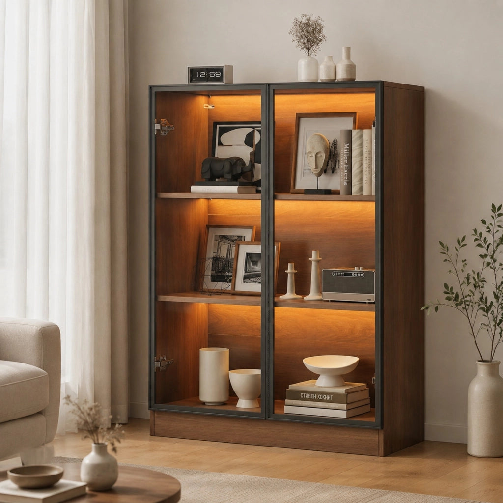 Vetrina in vetro con LED 80x30x106 cm noce naturale