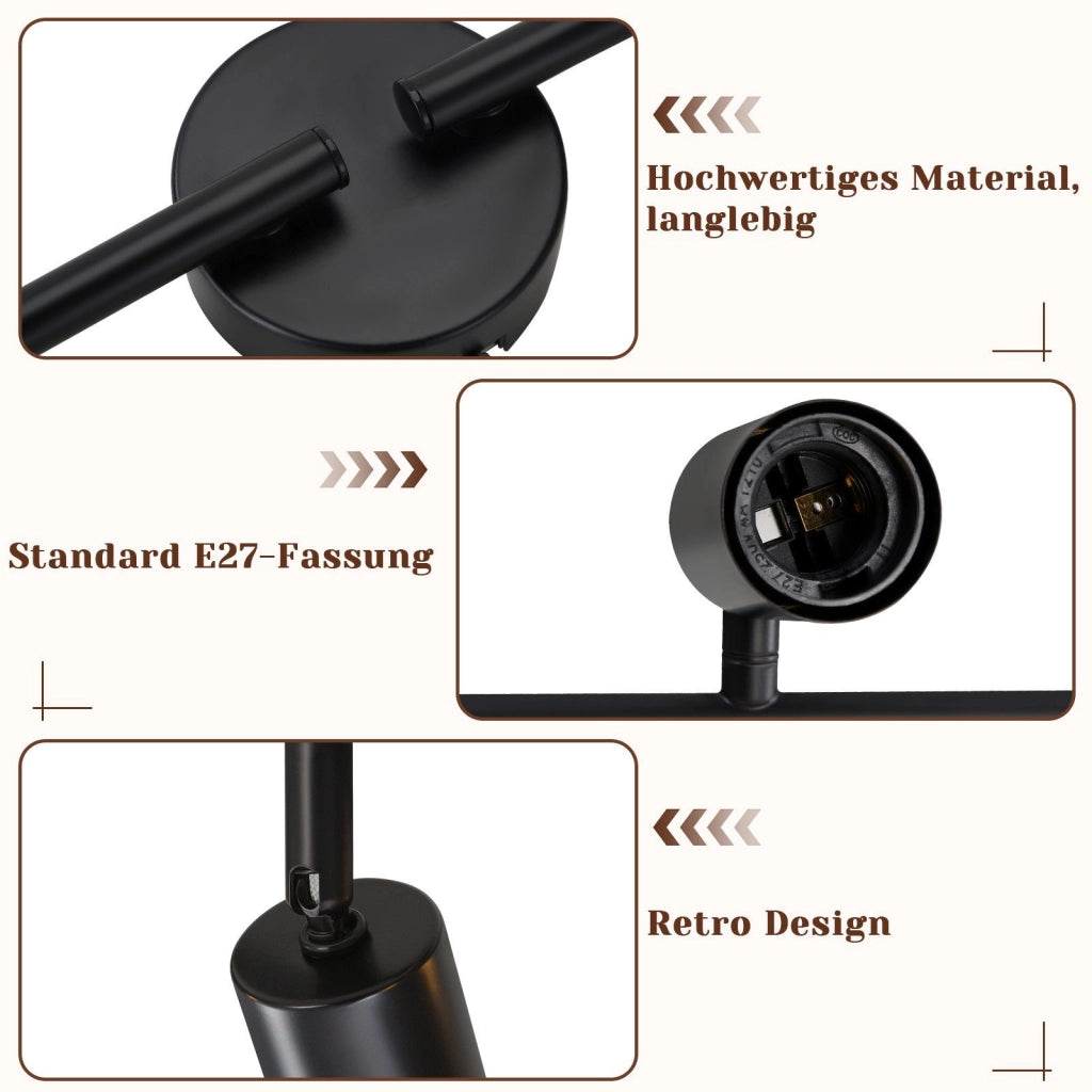 ZMH Faretto da soffitto nero - Lampada da soffitto con faretti E27 orientabili a 350° per camera da letto vintage