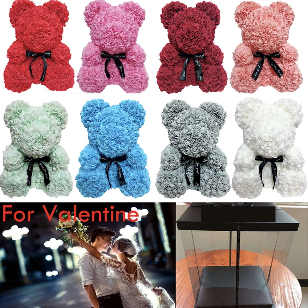 Trade Shop - Orsacchiotto Di Rose Con Fiori Artificiali Da 40cm In Scatola Confezione Regalo -