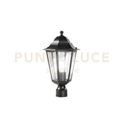 TESTA PALO LANTERNA MILANO NERA CON CASSA DI CONNESSIONE IP44 1 LUCE ATTACCO E27 22X37,5CM ALLUMINIO E VETRO
