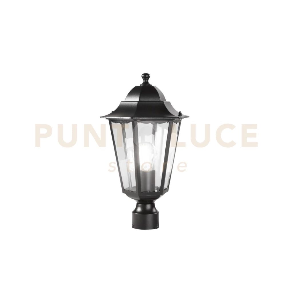 TESTA PALO LANTERNA MILANO NERA CON CASSA DI CONNESSIONE IP44 1 LUCE ATTACCO E27 22X37,5CM ALLUMINIO E VETRO