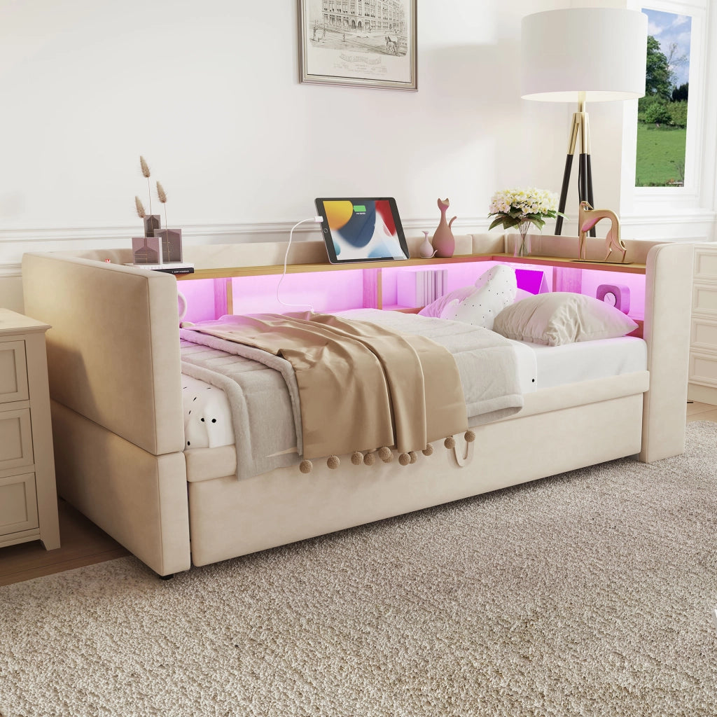 Letto divano estraibile in flanella beige 90/180x190 cm