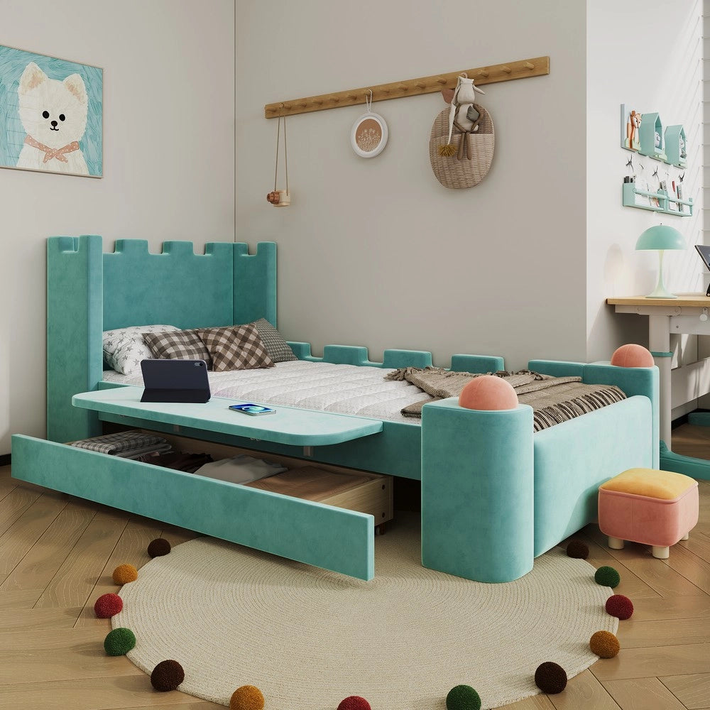 Letto imbottito singolo con cassetto ¨C Minimal ¨C blu velluto 90x200 cm