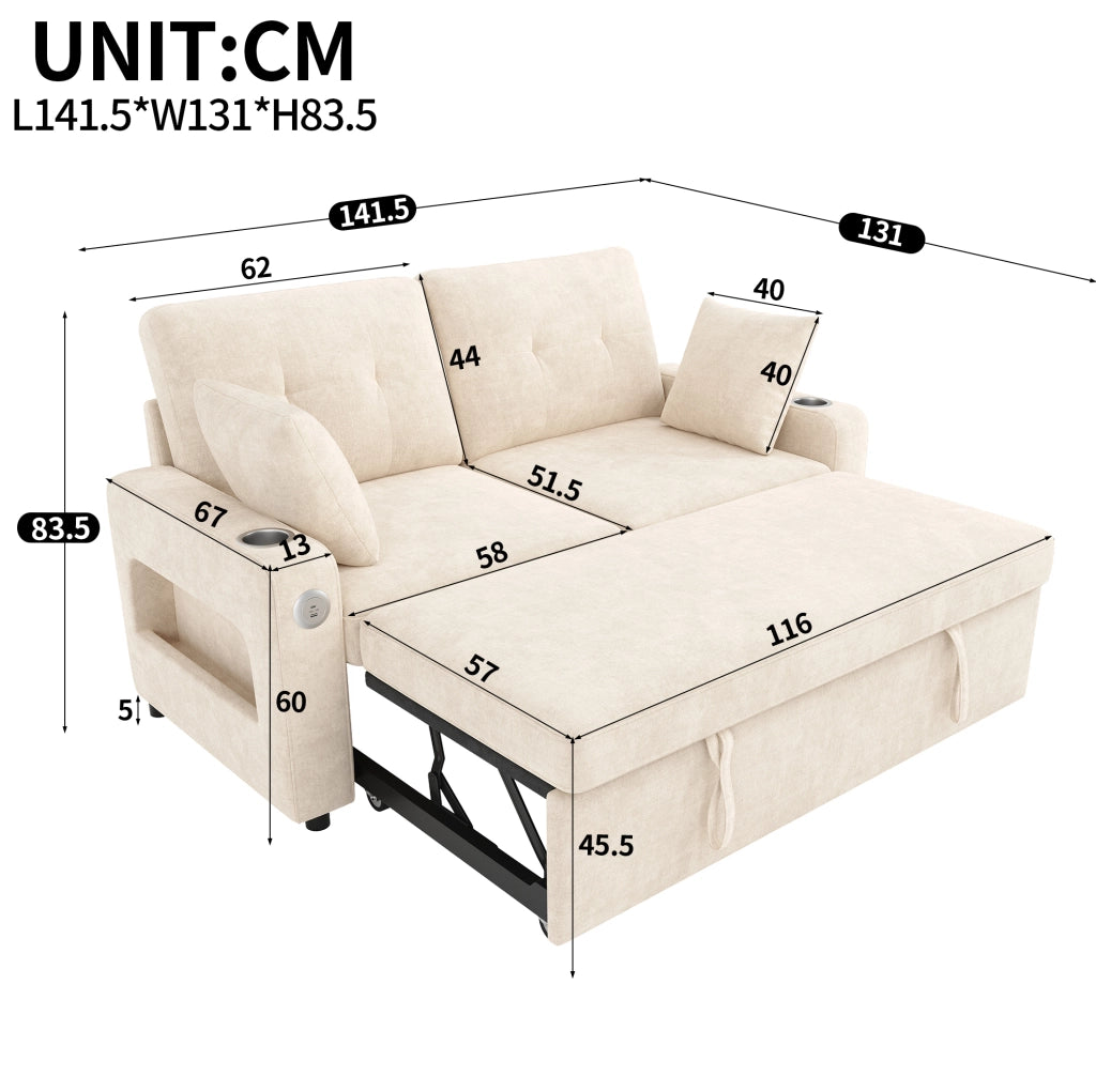 Divano letto estraibile 2 posti in ciniglia beige con LED; USB/Type-C e contenitore HOMVRA