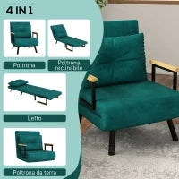 Poltrona Letto 3 in 1 con Schienale Reclinabile in 5 Posizioni e Cuscino, 63x73x81 cm, Verde