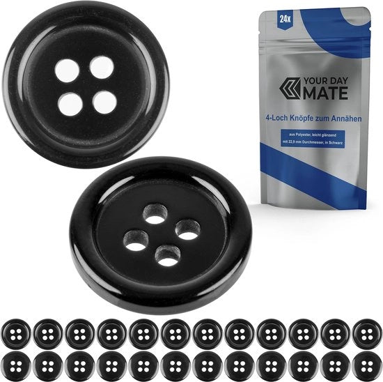 Punti per abbigliamento, 24 pezzi, 4 occhi, Ø 22,9 mm, in nero, realizzati in poliestere, misura 36L, punti per giacche, mantelli, camicie, polos, punto DIY di resina, punti per bucato, punti base, punti per hobby