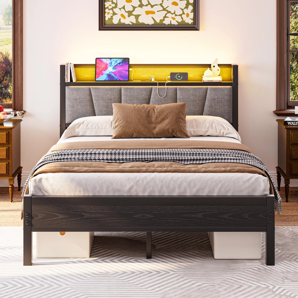 Letto matrimoniale 140 × 190 cm con LED, testiera contenitore e USB, senza materasso, nero
