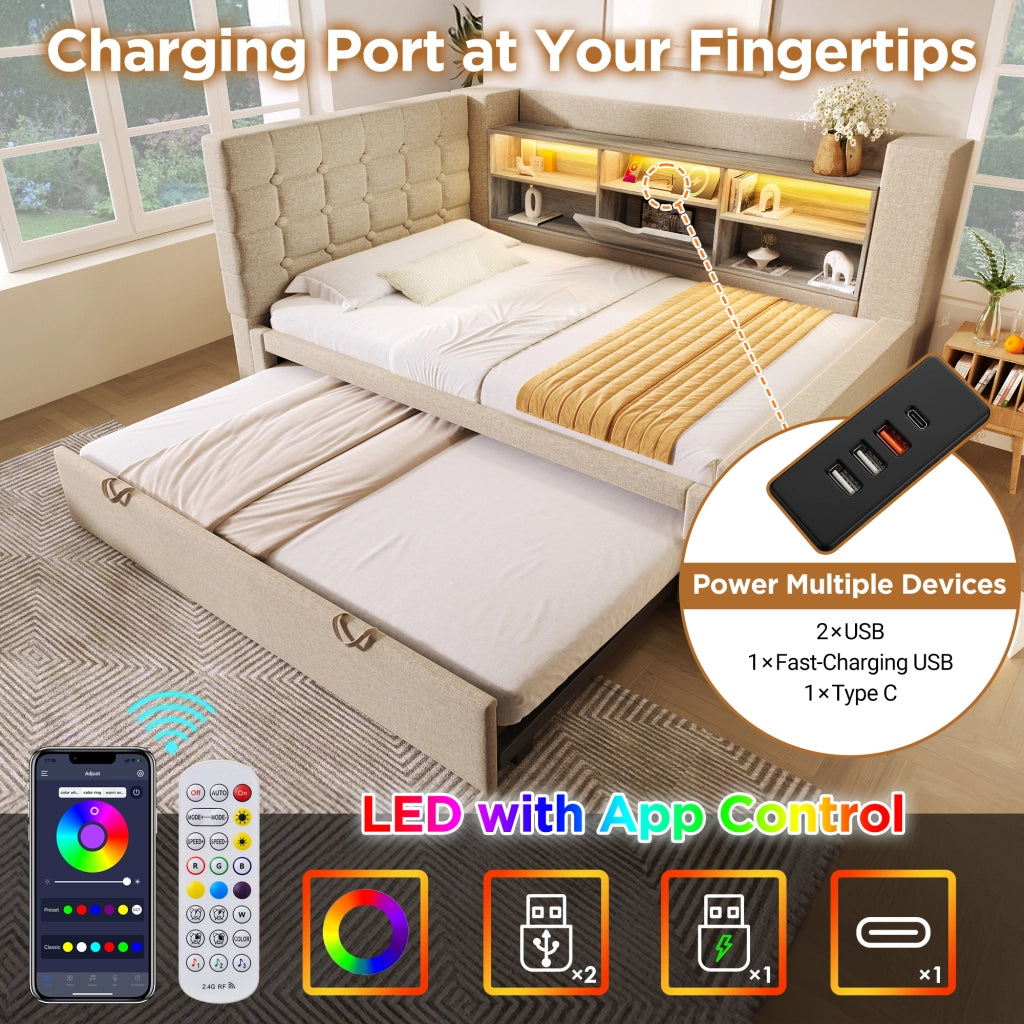 DESMIU Letto estraibile 90 × 200 cm 1 posto con LED, USB e Type-C, senza materasso, beige