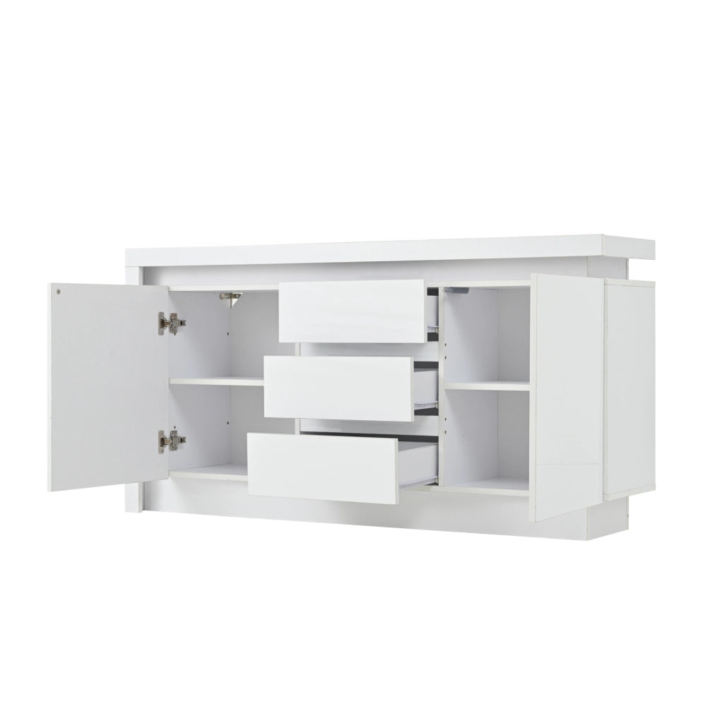Credenza 140x35x72 cm con 3 cassetti; 2 ante e LED in truciolare bianco