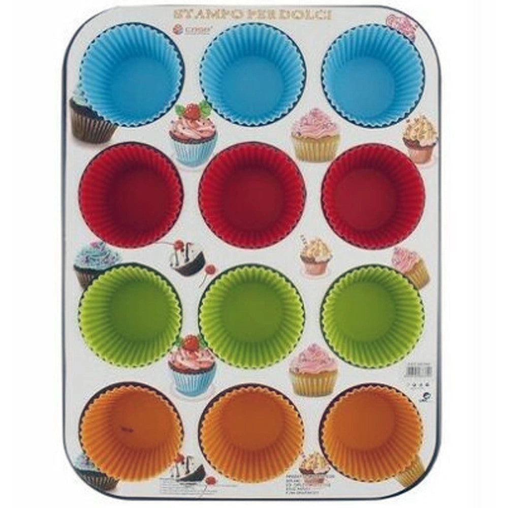 Trade Shop - Stampo Teglia Vassoio Antiaderente Per 12 Muffin Dolci Con Pirottini In Silicone -