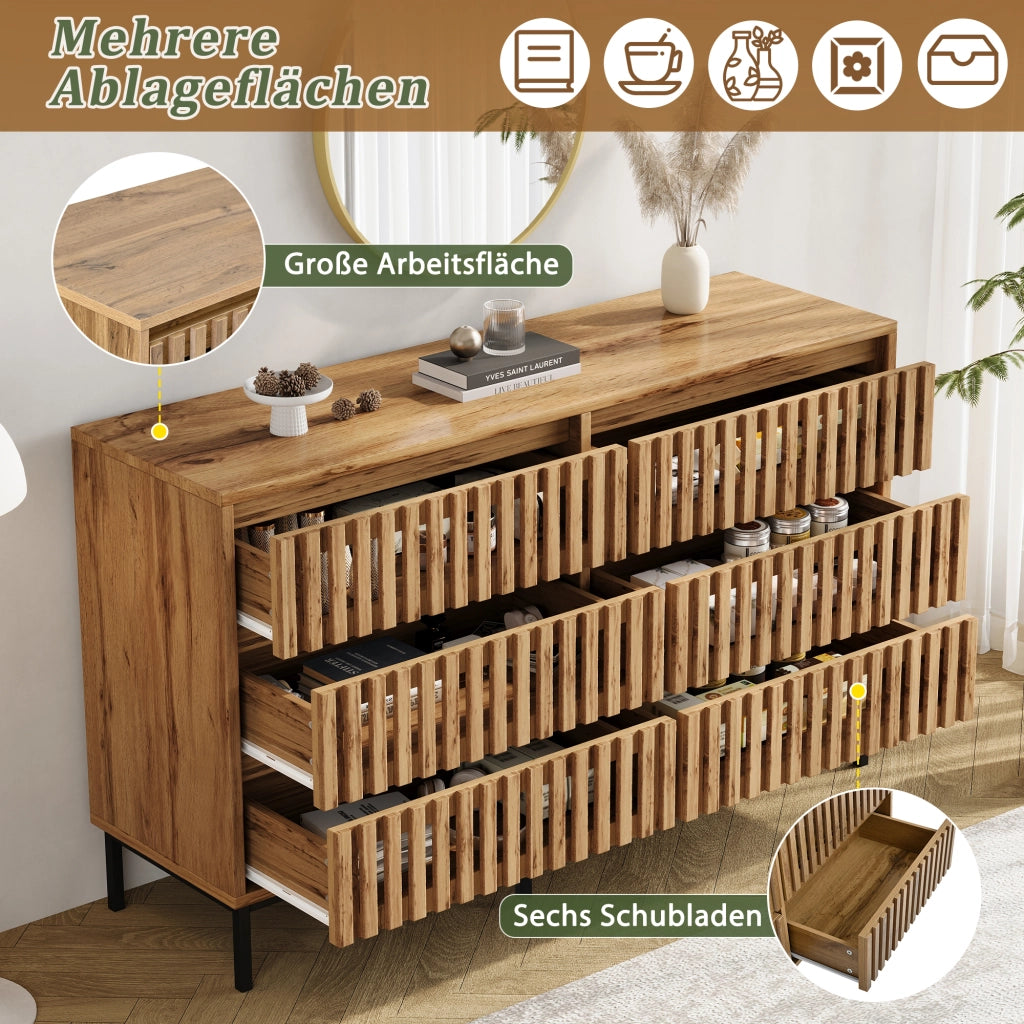 Credenza con 6 cassetti e 5 piedi con supporto centrale regolabile per soggiorno e camera da letto 120 × 40 × 81 cm