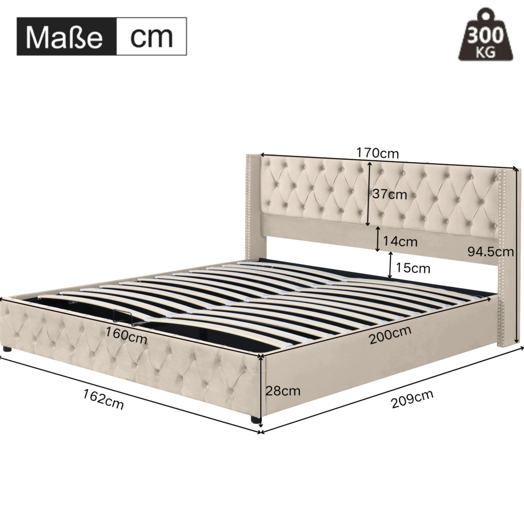 Letto matrimoniale contenitore in velluto beige 160x200 cm