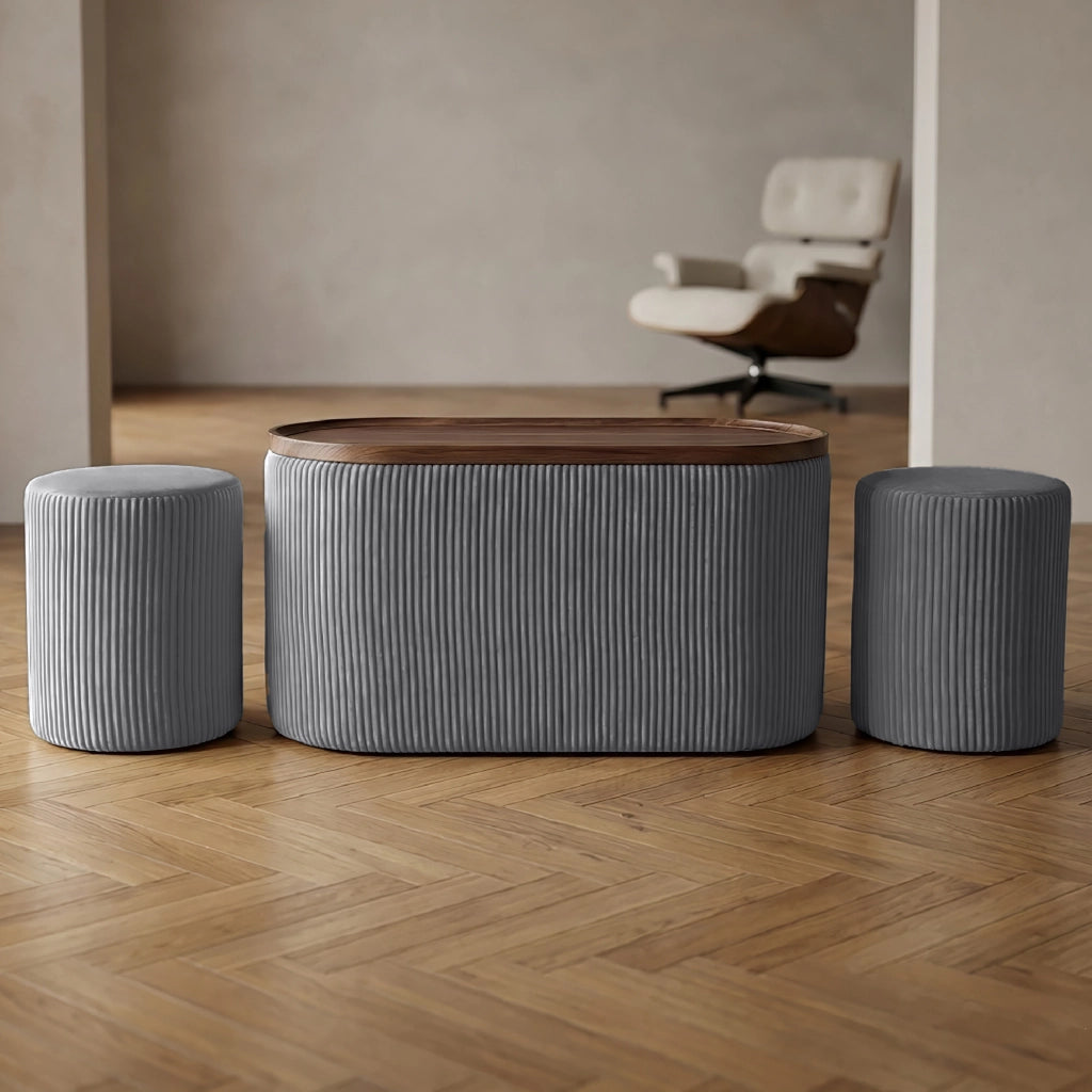 Set 3 Pouf Contenitore con Tavolino da Salotto Ovale in Velluto e Coperchio in Legno, 2 Pouf Interni Salvaspazio, Tavolino Contenitore Moderno, Seduta Imbottita Grigio Scuro