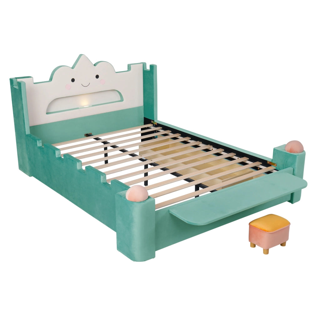 Letto per bambini 140x200 cm con lampada da lettura; USB; contenitore e ripiano in velluto bluverde