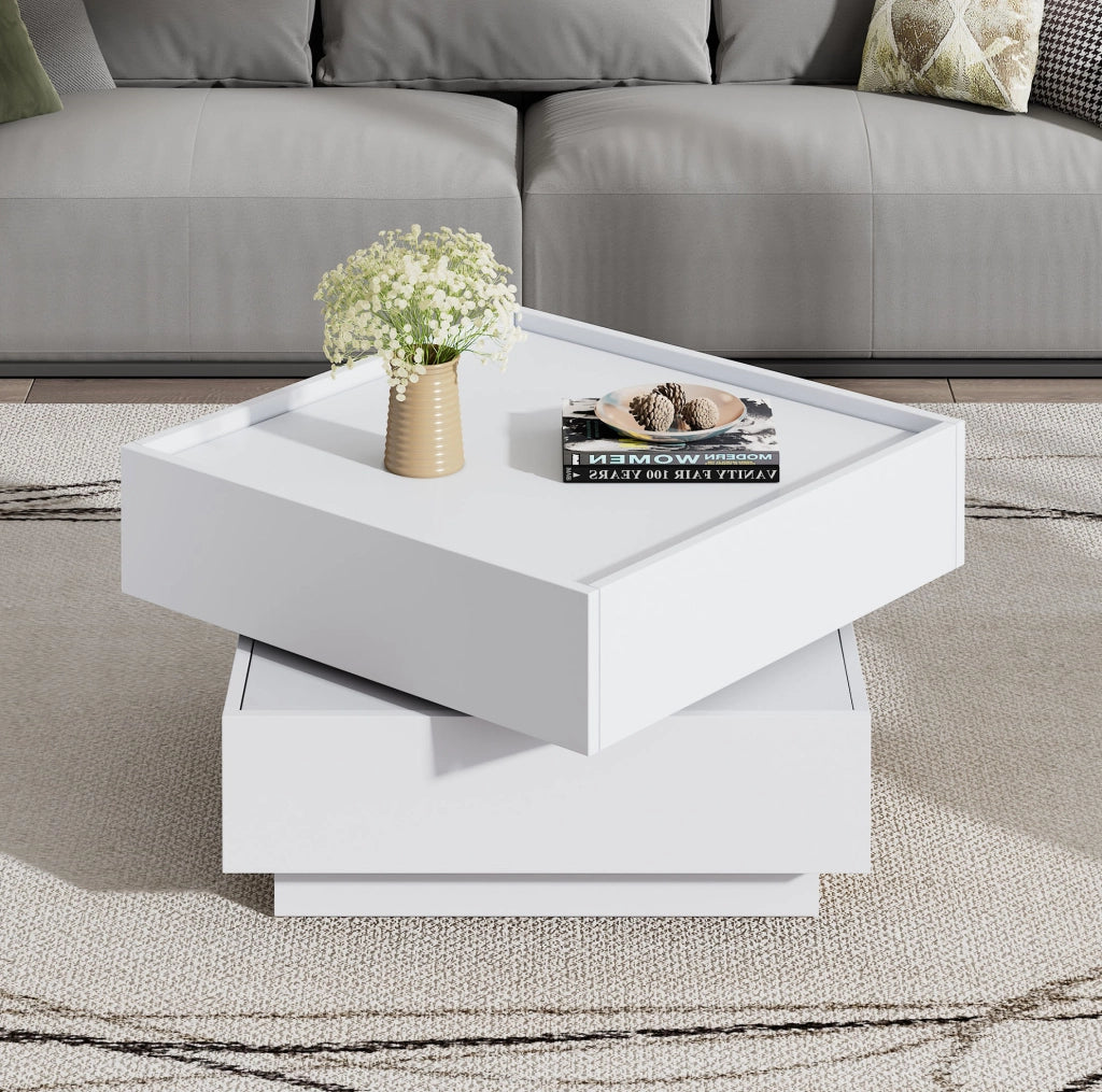 Tavolino da salotto girevole 360° 60 x 60 x 38 cm in truciolare bianco; con 2 cassetti