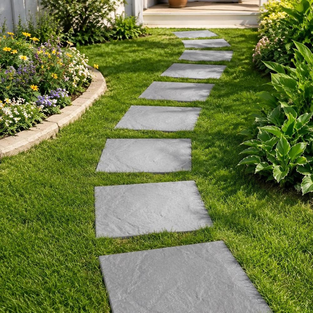 Garden Stepping Stones, 8 Pieces, 395x395 Mm, Decorative Paving Slab With Stakes, Plastic Paving Stones, Stone-look Slab Made Of PC Resin, For Lawns And Patios, Grey