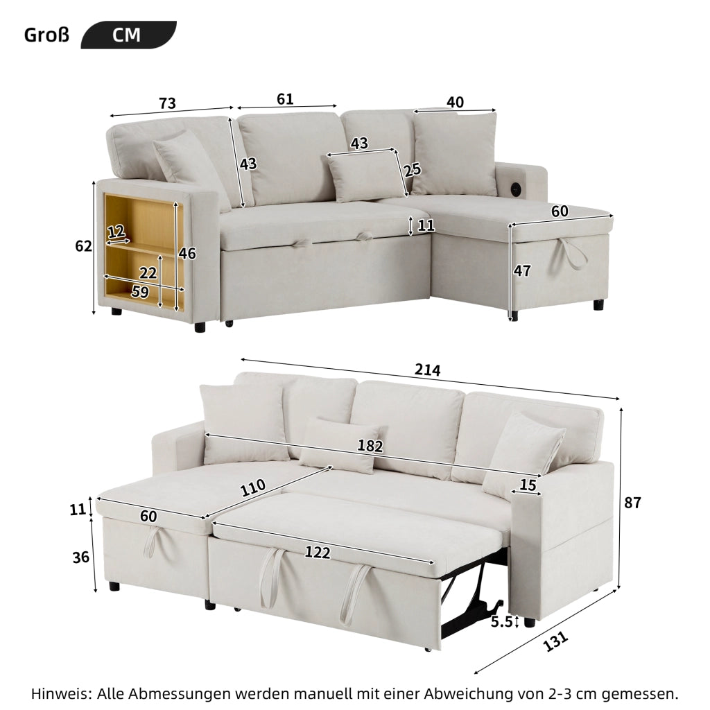 Divano letto angolare 3 posti con USB, contenitore e 3 cuscini, beige