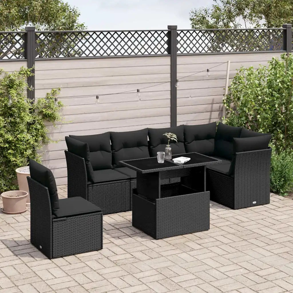 Set Divani da Giardino con Cuscini 7pz Nero Polyrattan